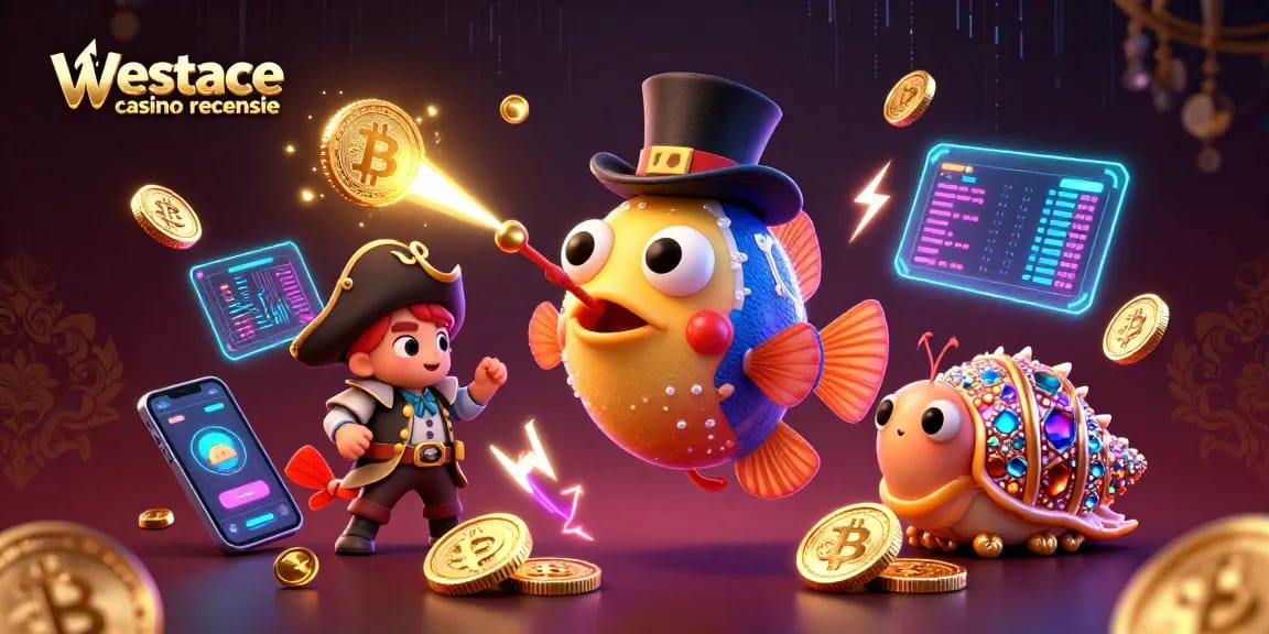Westace casino recensie toont een kleurrijke, veilige sfeer met glanzende munten en actieve zeedieren.