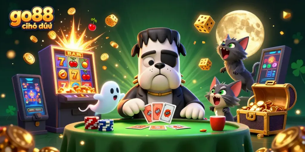 Experience go88 chính thức in a vibrant casino scene with a Frankenstein bulldog dealer.
