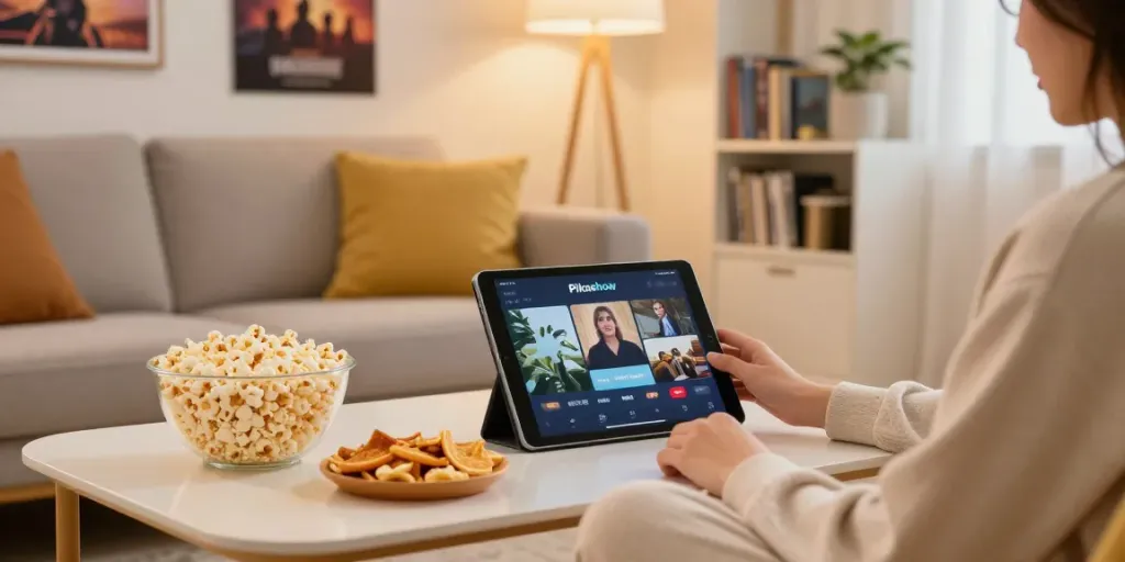 PikaShow APK download old versions showcased in a cozy living room with streaming setup.