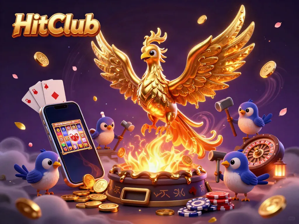 Witness the HitClub phoenix soaring through a dynamic gaming atmosphere filled with slots and poker elements.
