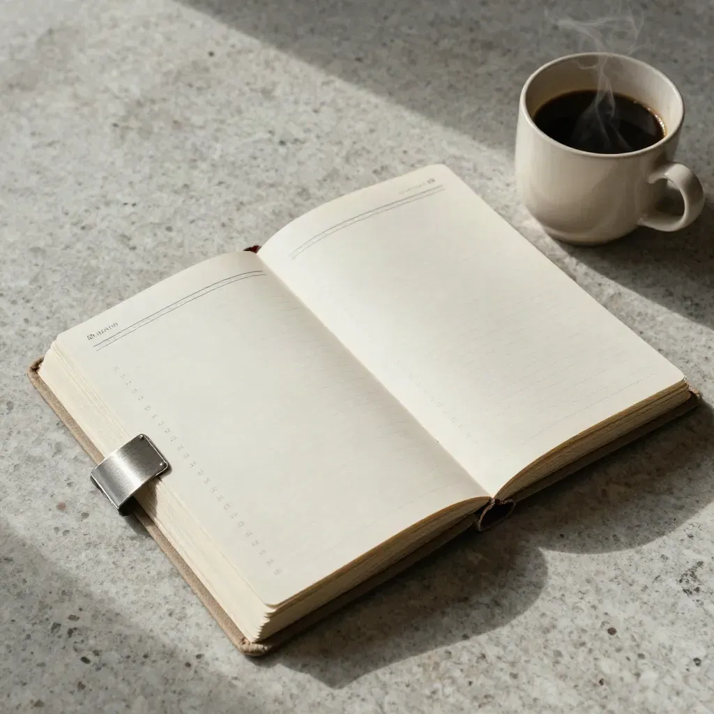 Bovenaanzicht van een open maandplanner met clips, koffiekop en omgedraaide verlofbriefjes op travertin.