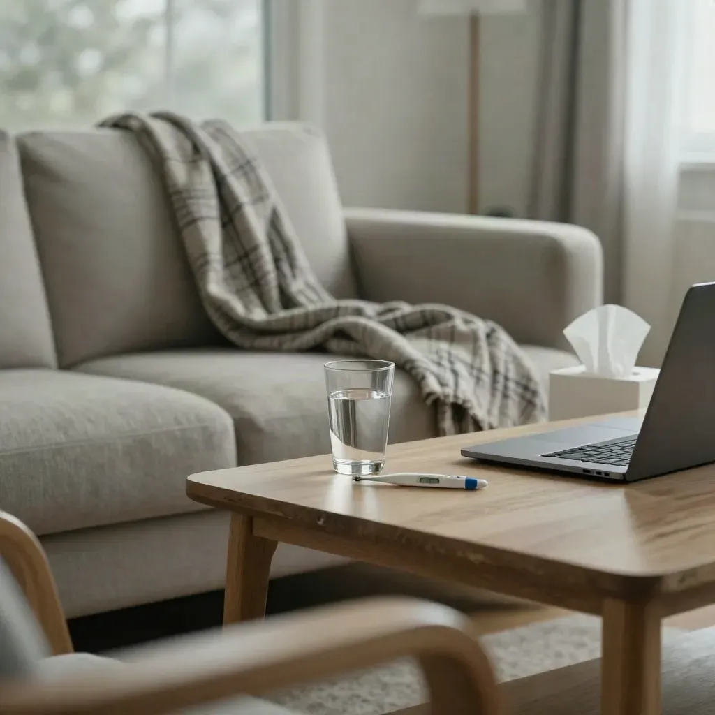 Rustige woonkamer met plaid, waterglas, thermometer, tissuebox en gesloten laptop op salontafel.
