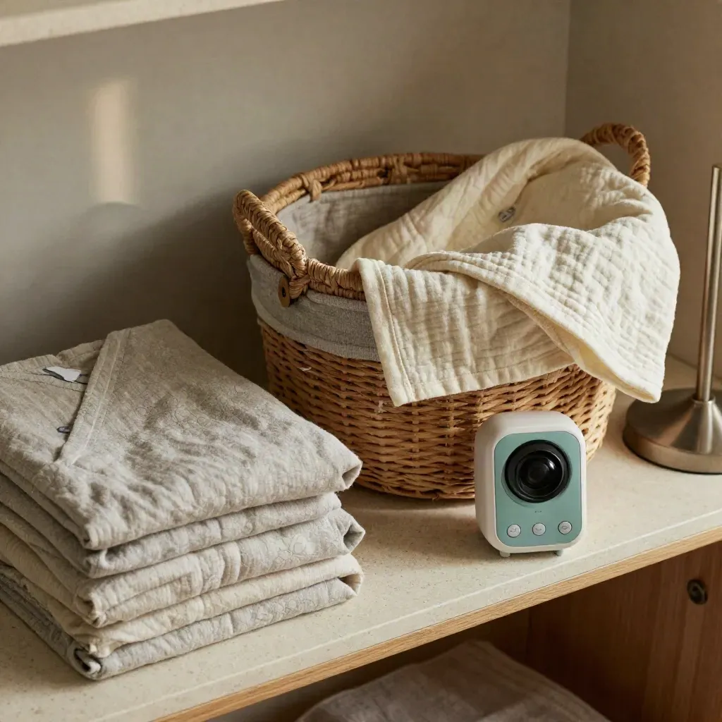 Verzorgingshoek met opgevouwen swaddles, babyfoon en mand in zacht ochtendlicht.