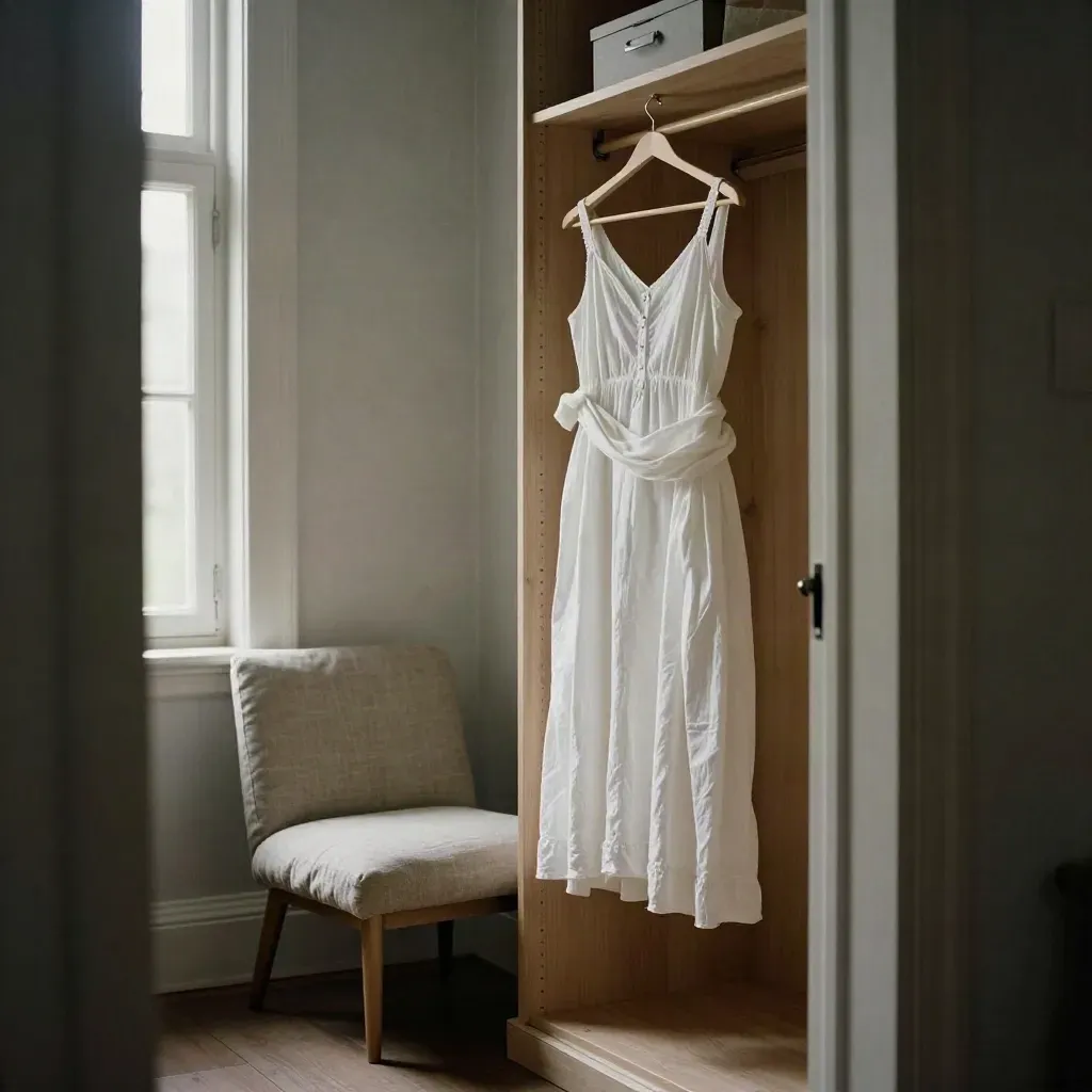 Slaapkamer met open kast, zwangerschapsjurk, doek en stoel bij een helder raam in zacht ochtendlicht.
