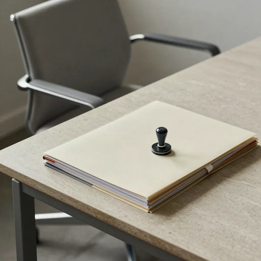 Verlofdocumenten, stempel en teruggeschoven stoel in een rustige kantoorhoek.