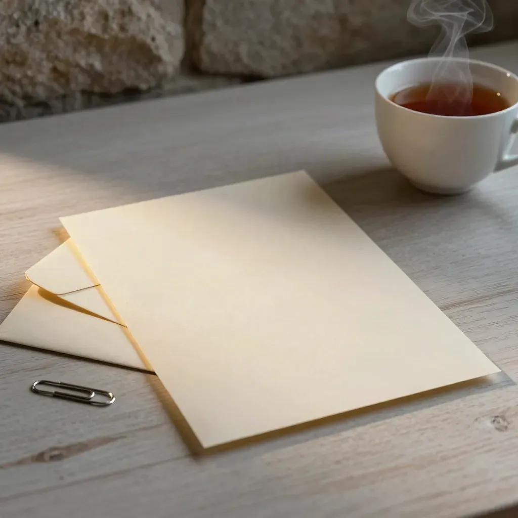 Open brief over een bureau met envelop, paperclip en dampende thee naast een stenen wand.