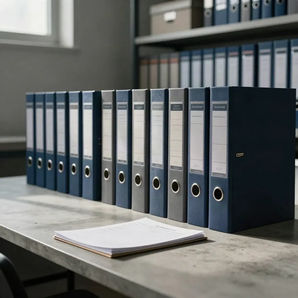 Ordelijke HR-ordners, tabmarkers en notitieblok op een betonnen tafel in zacht kantoorlicht.