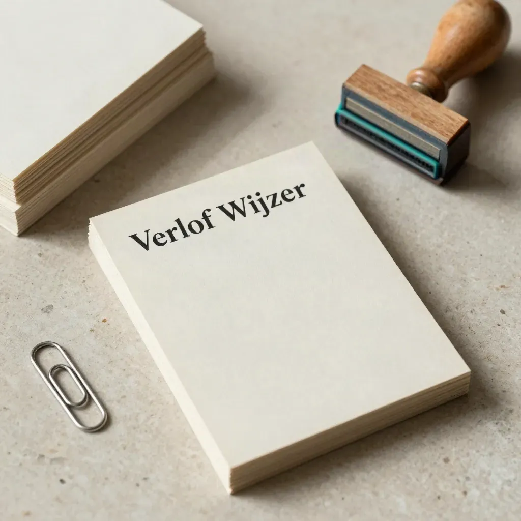 Bovenaanzicht van woordenkaarten, paperclips en een stempel op een lichte stenen tafel.