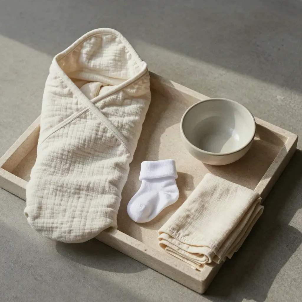 Bovenaanzicht van opgevouwen babymuslin, sokje en schaal op een stenen tray.