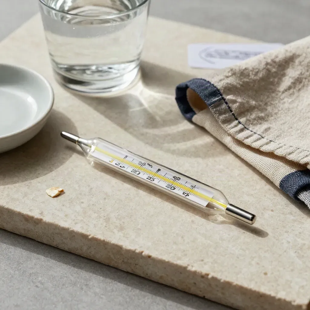 Thermometer naast tissue, glas water en schaaltje op een lichte stenen plaat.