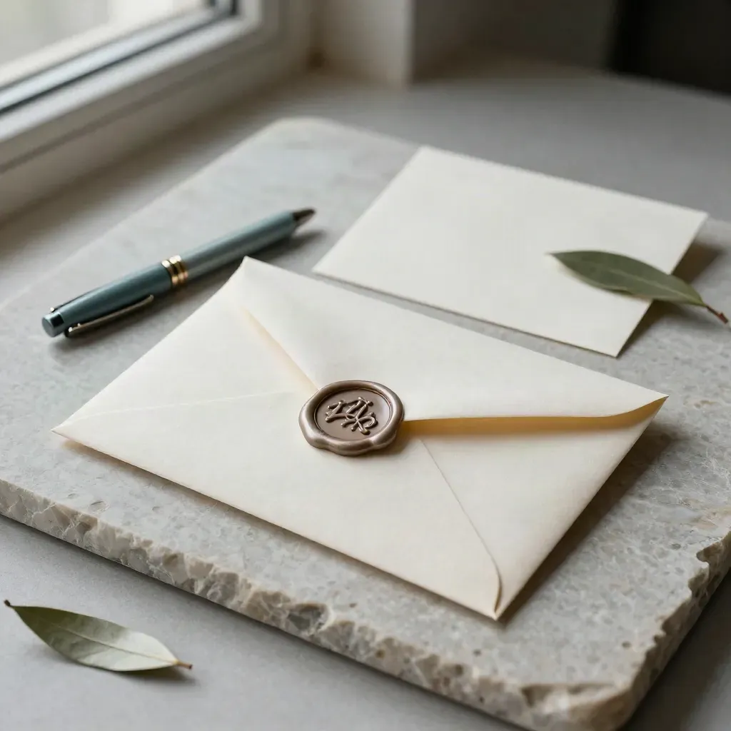 Waxgesealde envelop met penkap, gevouwen papier en blaadje op kalksteen.