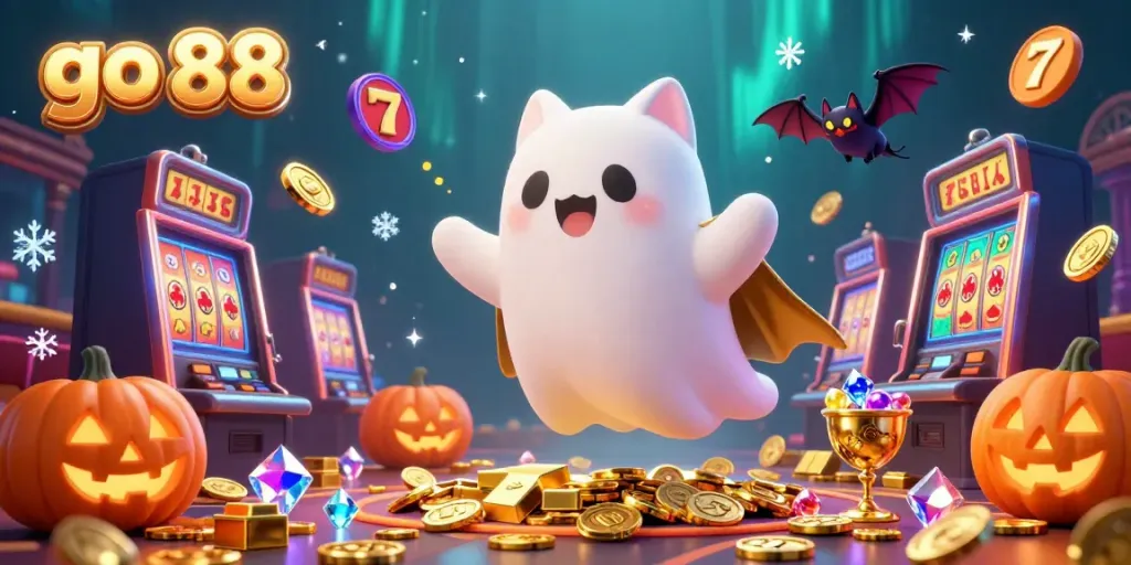 Experience thrilling gaming with go 88 in a vibrant casino atmosphere filled with slot machines and treasure.