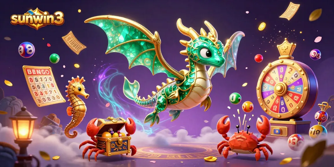 Experience the excitement of sunwin3 with vibrant lottery balls and a majestic sea dragon in a dazzling casino scene.