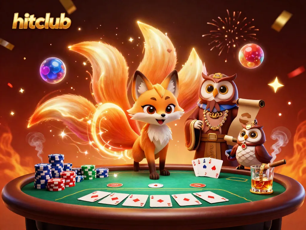 Engage with hitclub at a vibrant casino table with dynamic characters and festive elements.