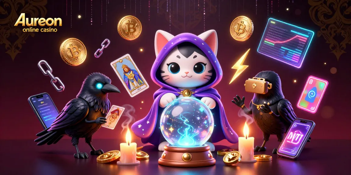 Aureon online casino features a mystical scene with engaging characters and cryptocurrency elements.