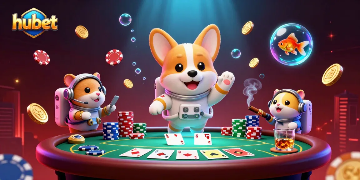 Experience hubet casino thrills with a cartoon astronaut corgi in a vibrant gaming scene.