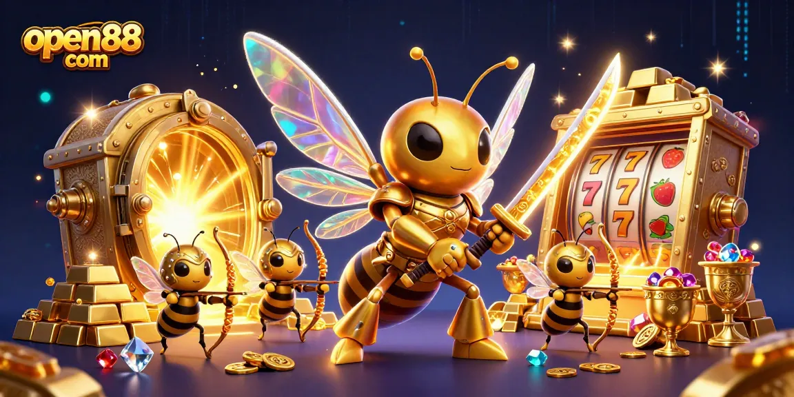 Engage with open88 com at a lively cartoon casino scene featuring slot game elements and treasure.